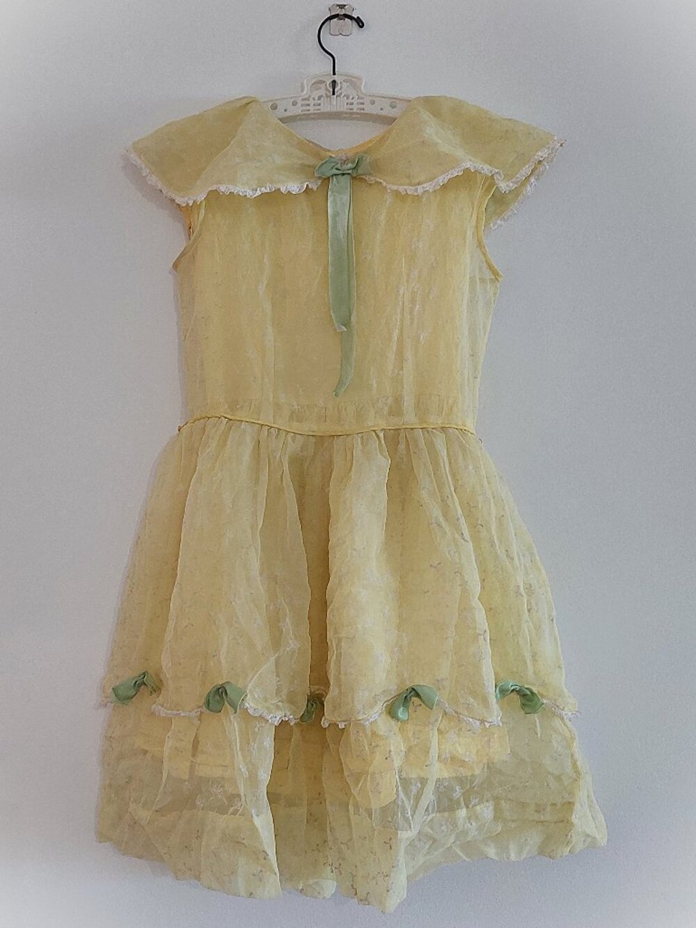 Vintage 50s Girls Sz 10 Yrs Party Dress Yellow Mint Green Ribbon Bow Chiffon